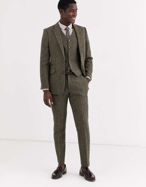 ASOS DESIGN slim suit jacket in 100 wool Harris Tweed in brown herringbone