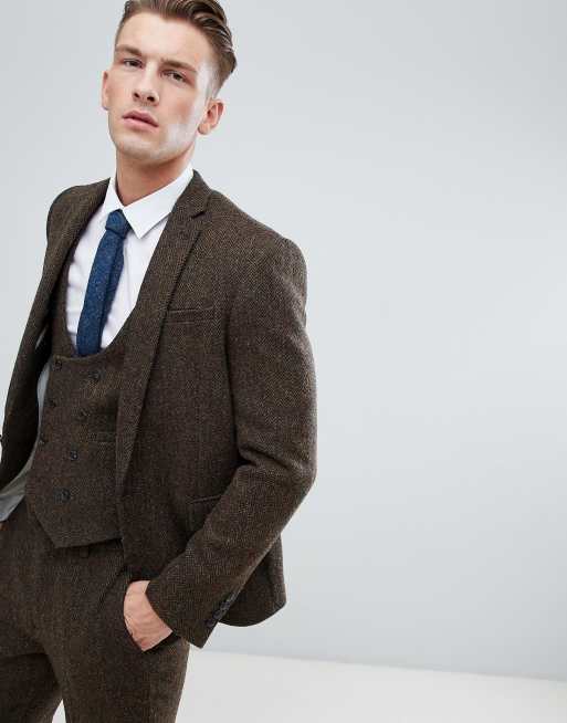 ASOS DESIGN slim suit in 100 wool Harris Tweed in brown herringbone ASOS