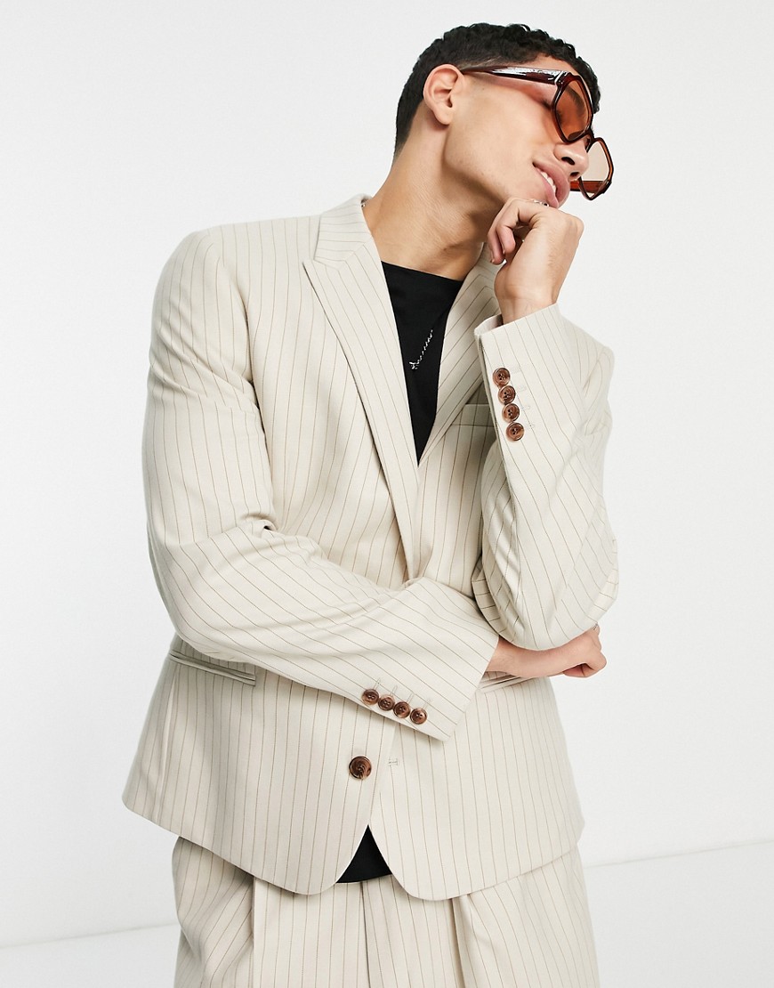 ASOS DESIGN slim suit jacket in beige pinstripe-Neutral