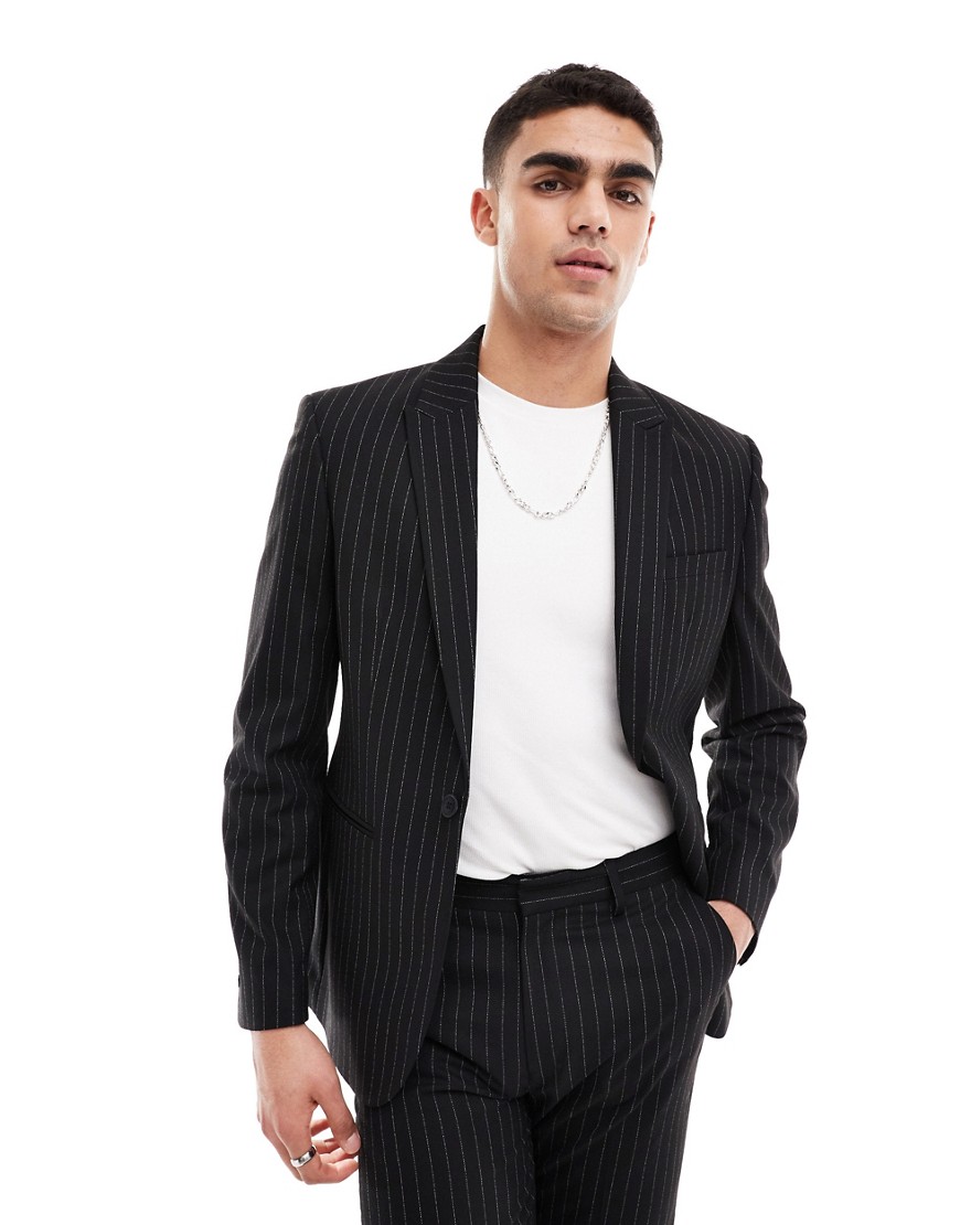 Asos Design Slim Suit Jacket In Black Pinstripe