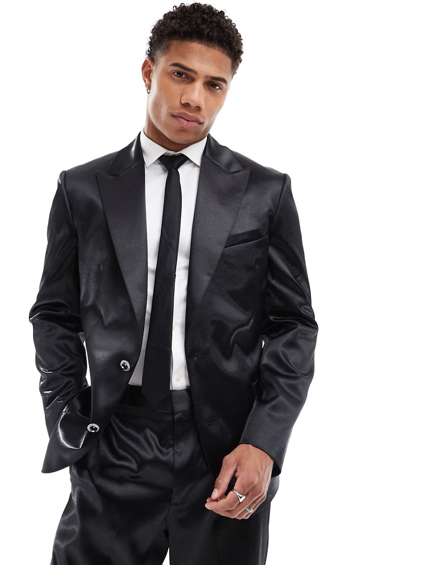 ASOS DESIGN slim suit jacket in black satin with black button detail
