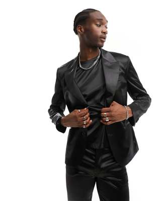 Asos Design Slim Suit Jacket In Black Satin