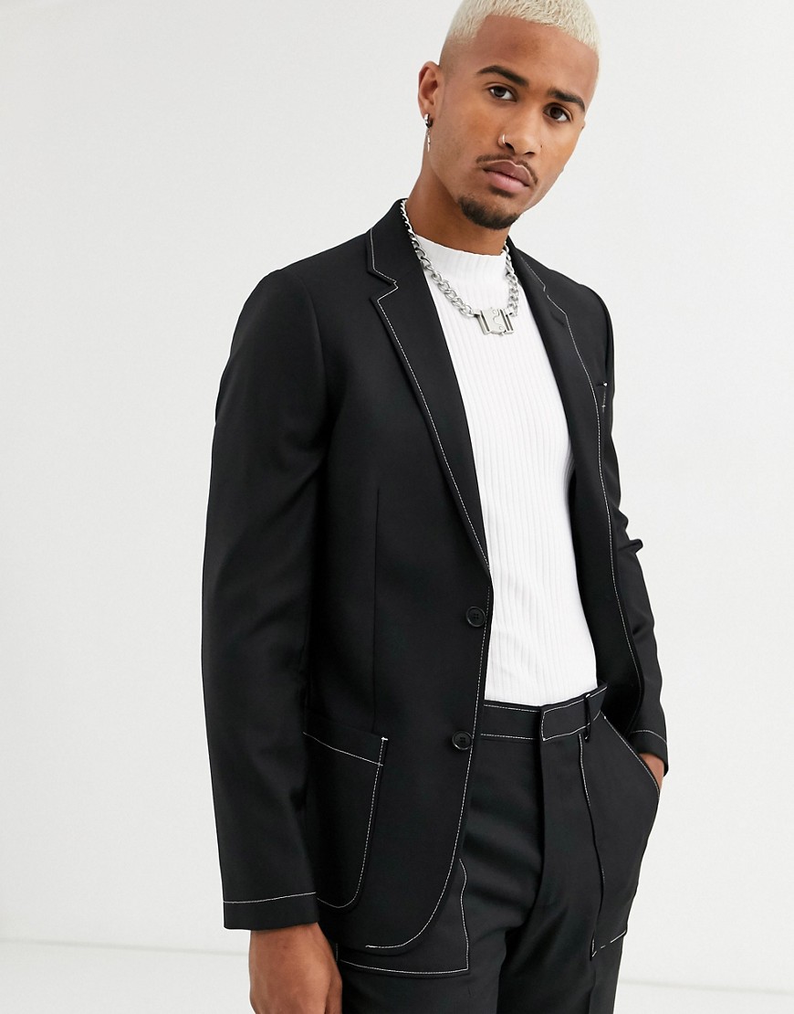 ASOS DESIGN slim suit jacket in black with contrast white stitch detail