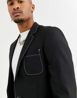 black jacket with white stitching