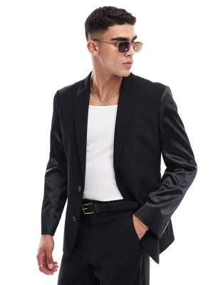 Asos Design Slim Suit Jacket In Black With Satin Sleeves