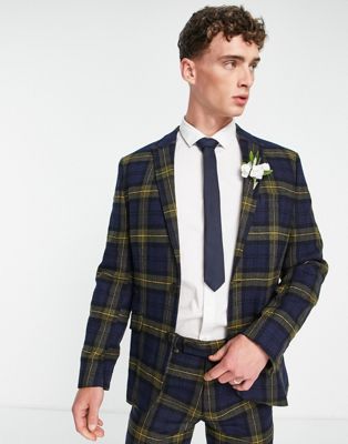 ASOS DESIGN slim suit jacket in navy and yellow check