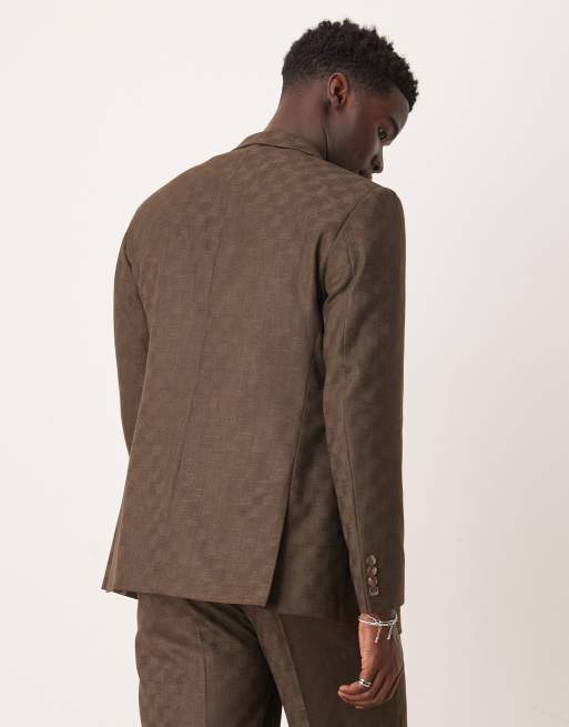ASOS DESIGN slim suit jacket in brown checkerboard jacquard, 5 of 5