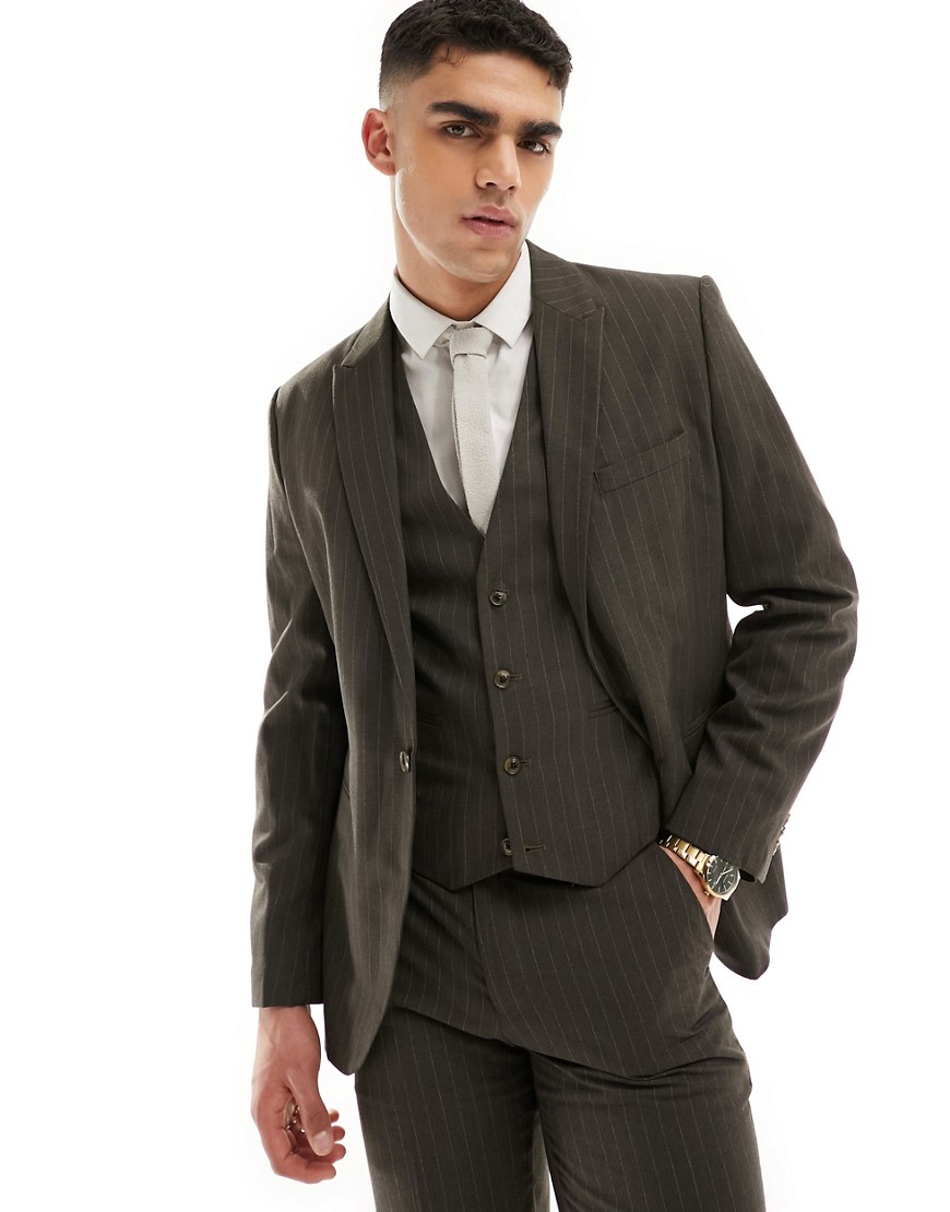Shop Asos Design Slim Suit Jacket In Brown Pinstripe
