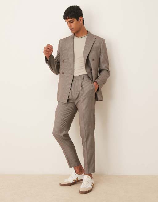 ASOS DESIGN slim suit jacket in brown pinstriped twill