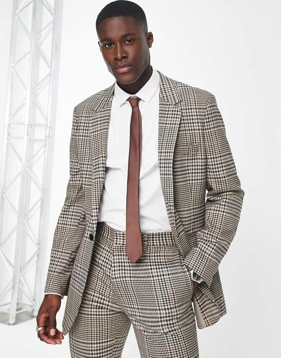 ASOS DESIGN slim suit jacket in brown vintage check