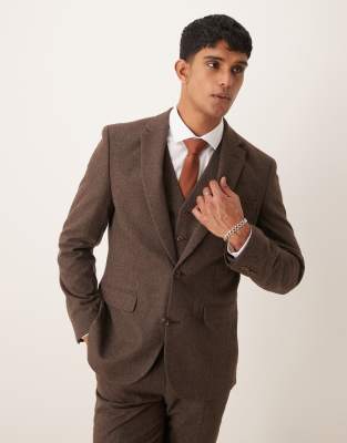 slim suit jacket in brown wool mix flannel