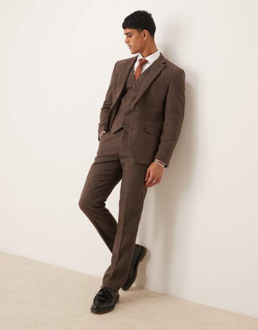 ASOS DESIGN slim suit jacket in brown wool mix flannel, 3 of 5