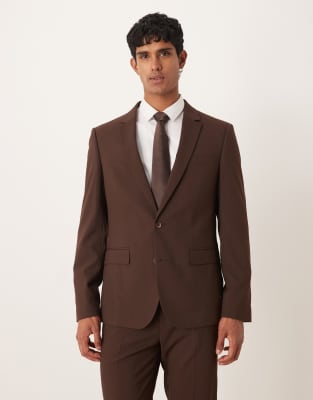Asos Design Slim Suit Jacket In Brown