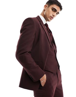 Shop Asos Design Slim Suit Jacket In Burgundy-red