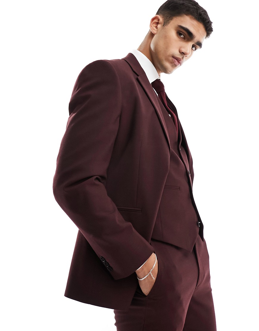 Asos Design Slim Suit Jacket In Burgundy-red