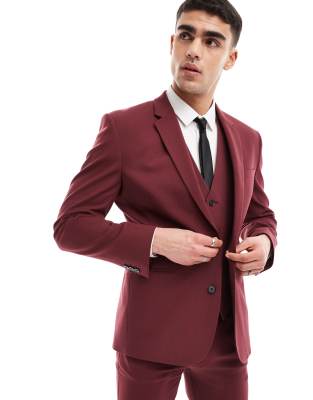 ASOS DESIGN slim suit jacket in burgundy-Red