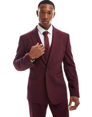 Asos Design Slim Suit Jacket In Burgundy-red