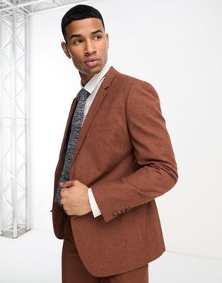 Asos Design Slim Suit Jacket In Chocolate Slubby Texture-brown