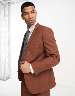 Asos Design Slim Suit Jacket In Chocolate Slubby Texture-brown In Brown