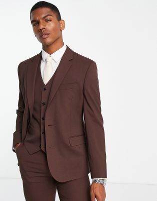 Asos Design Slim Linen Mix Suit Jacket In Burgundy-red In Brown