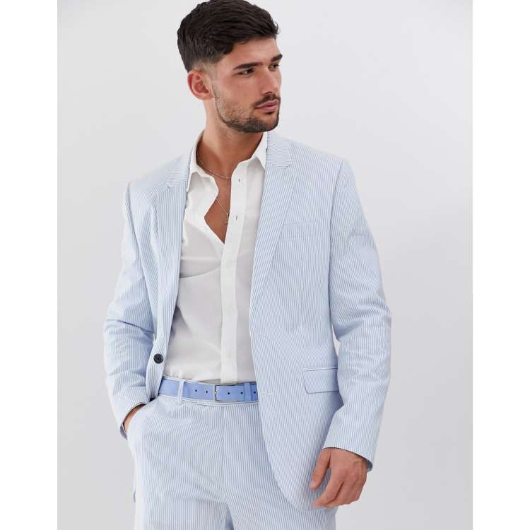 ASOS DESIGN slim suit jacket in cotton seersucker with blue and white stripe