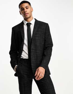 Asos Design Slim Suit Jacket In Crosshatch In Black In Black