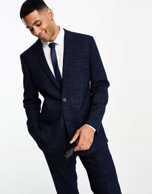 ASOS DESIGN slim suit pants in crosshatch check in navy with