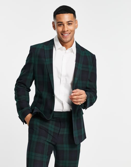 ASOS DESIGN slim suit jacket in dark green blackwatch tartan check