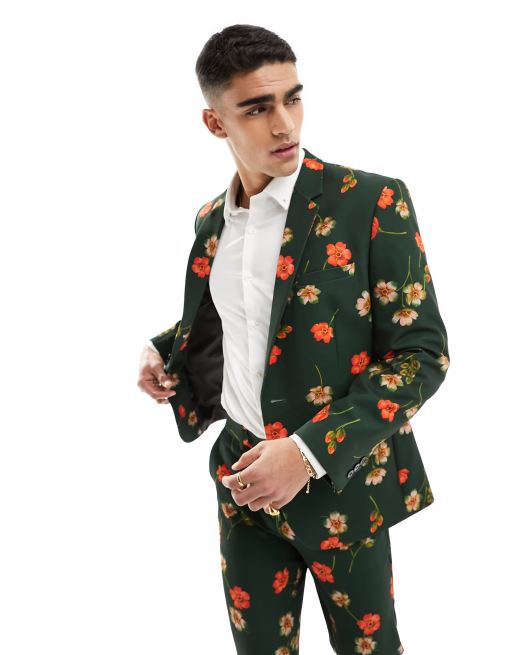 ASOS DESIGN slim suit in floral print in green | ASOS