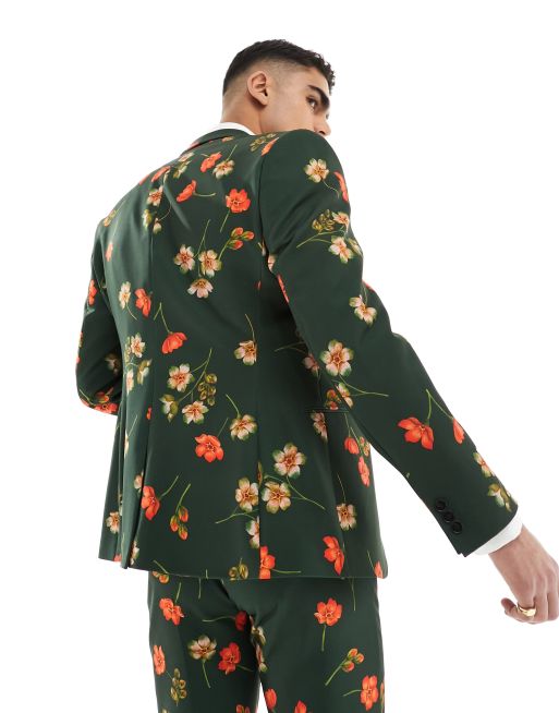 ASOS DESIGN slim pajama suit jacket in floral sateen in green