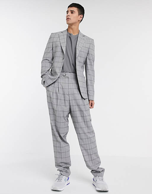  slim suit jacket in grey slubby check 