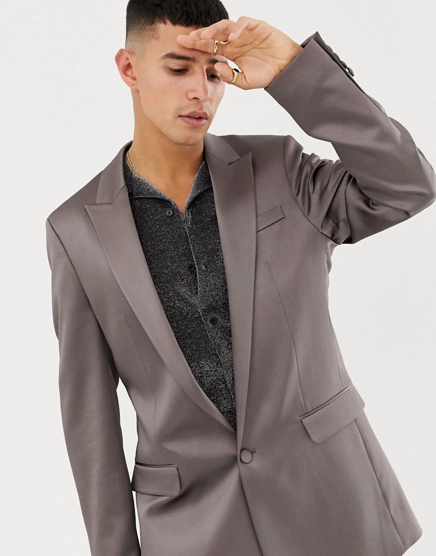 ASOS DESIGN slim suit jacket in high shine gunmetal sateen-Grey