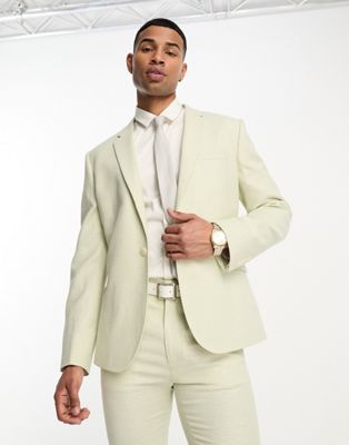 ASOS DESIGN slim suit jacket in linen in puppytooth in green - ASOS Price Checker