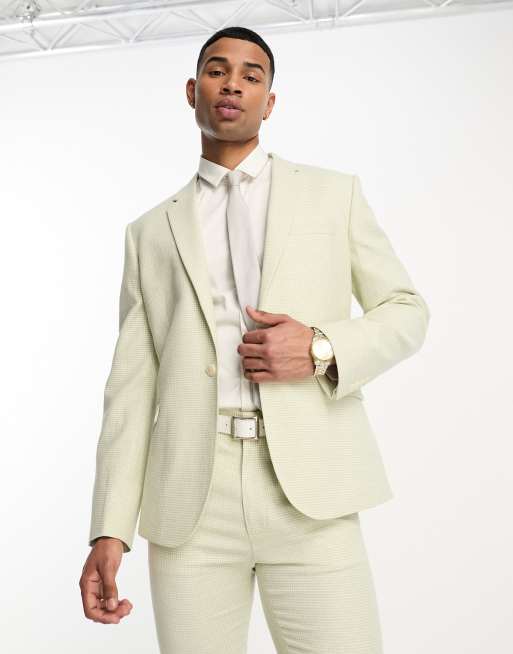 ASOS DESIGN slim suit jacket in linen in puppytooth in green ASOS