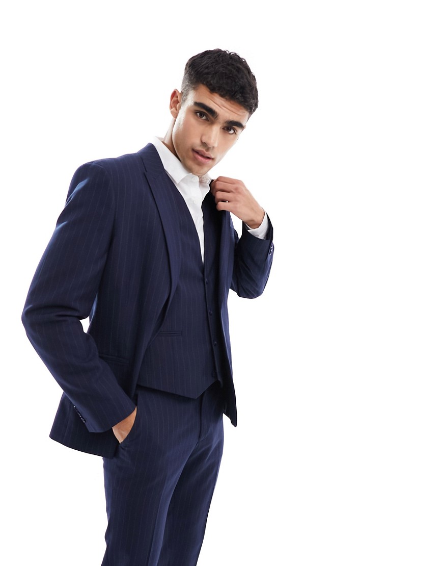 Shop Asos Design Slim Suit Jacket In Navy Pinstripe