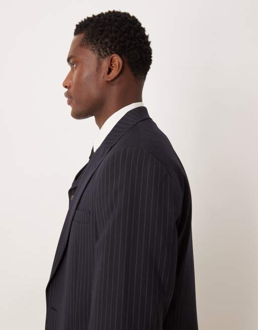 ASOS DESIGN slim suit jacket in navy pinstripe, 4 of 5