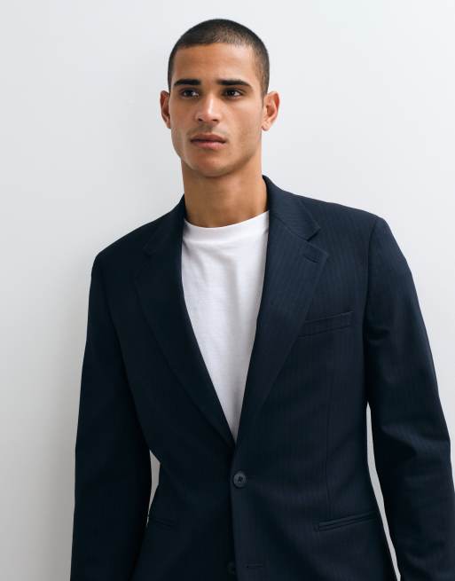 ASOS DESIGN slim suit jacket in navy pinstripe, 3 of 5