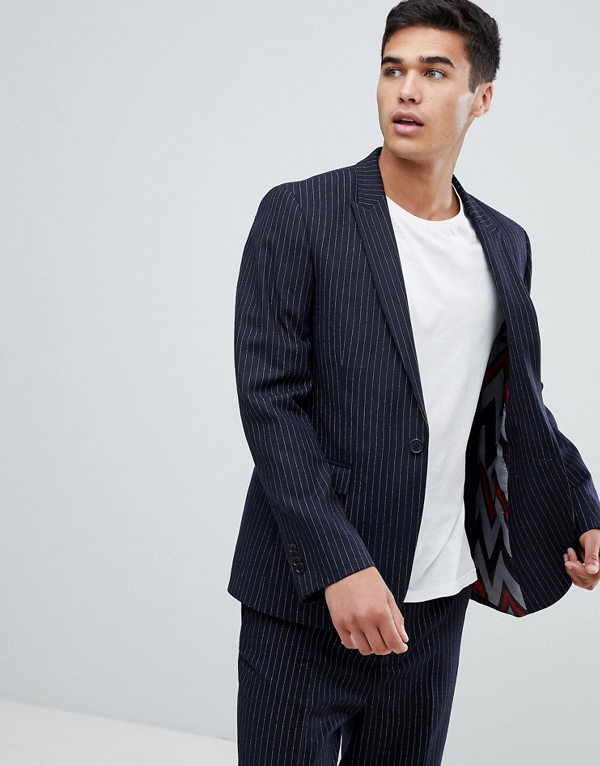 ASOS DESIGN slim suit jacket in navy wool blend pinstripe