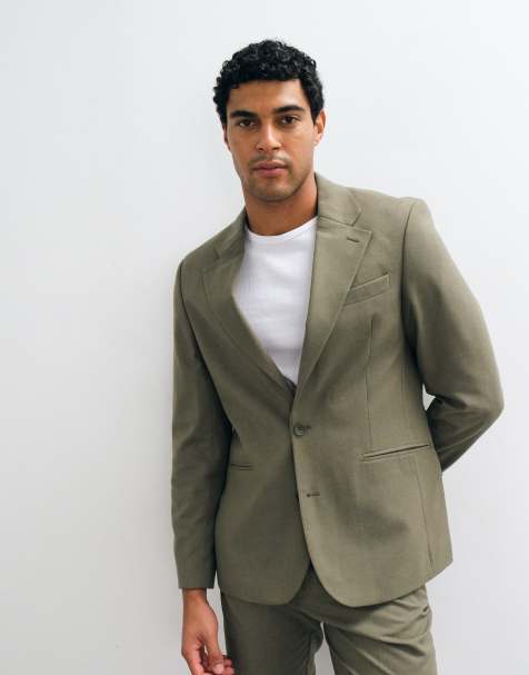 ASOS DESIGN slim suit jacket in olive green flannel - view 1