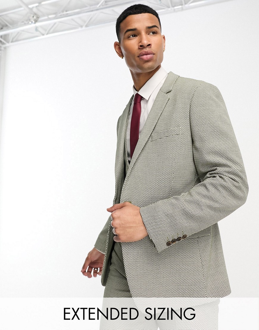 Shop Asos Design Slim Suit Jacket In Olive In Birdseye Texture-green