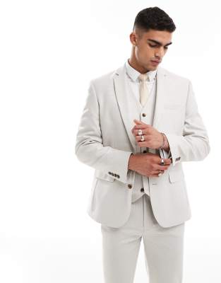 ASOS DESIGN slim suit jacket in pale grey birdseye texture-Neutral