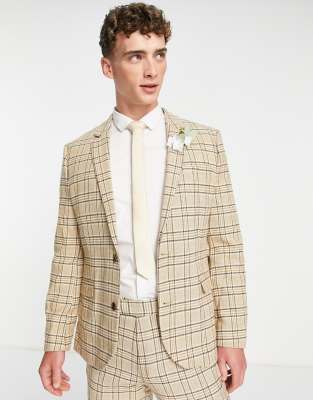 ASOS DESIGN slim suit jacket in stone check-Neutral