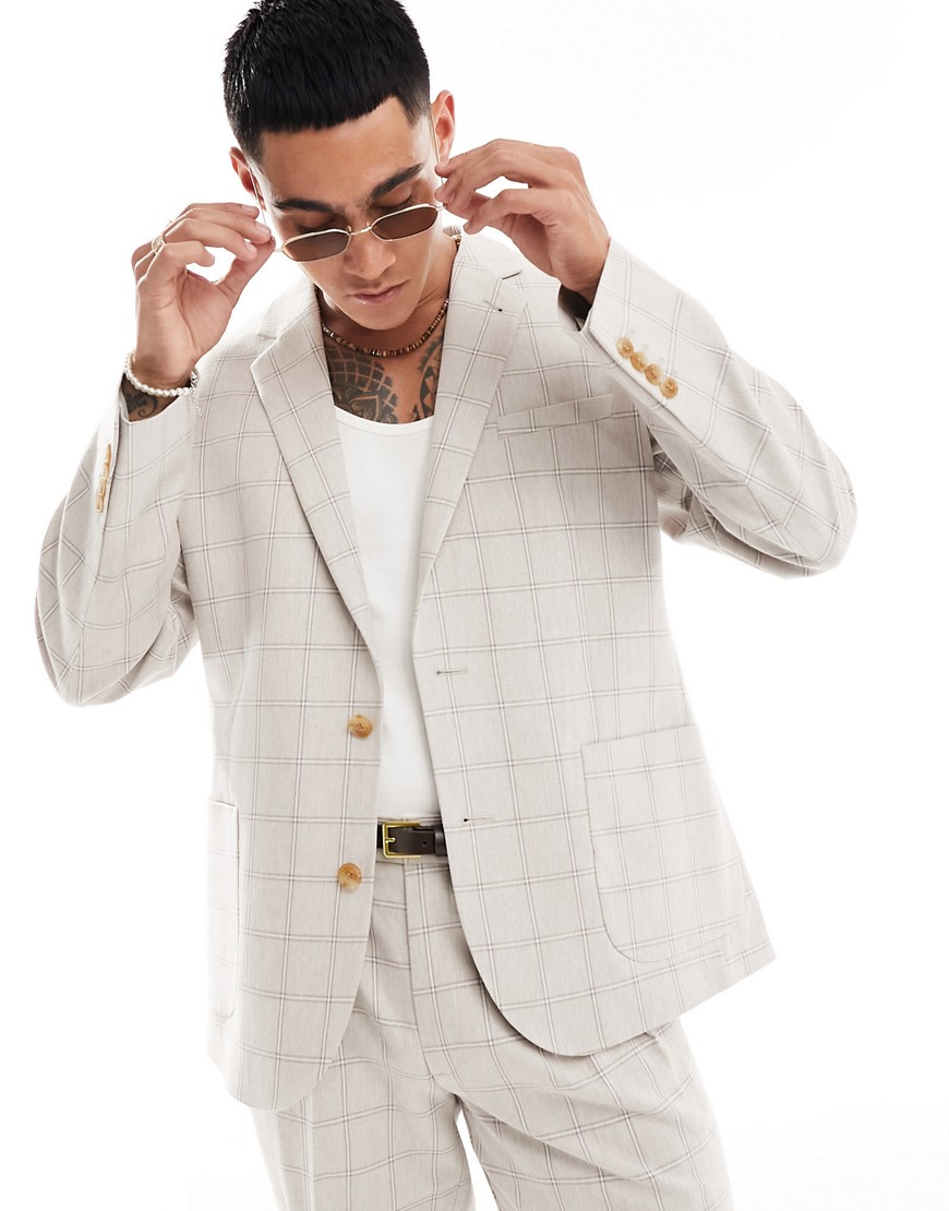 ASOS DESIGN slim suit jacket in tonal beige grid check-Neutral