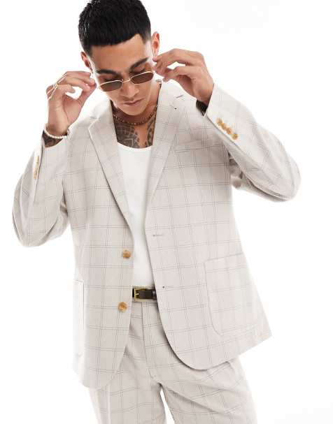 ASOS DESIGN slim suit jacket in tonal beige grid plaid - view 1
