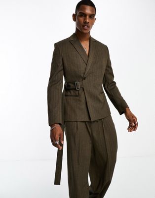 ASOS DESIGN slim suit jacket in tonal stripe with belt detail  - ASOS Price Checker