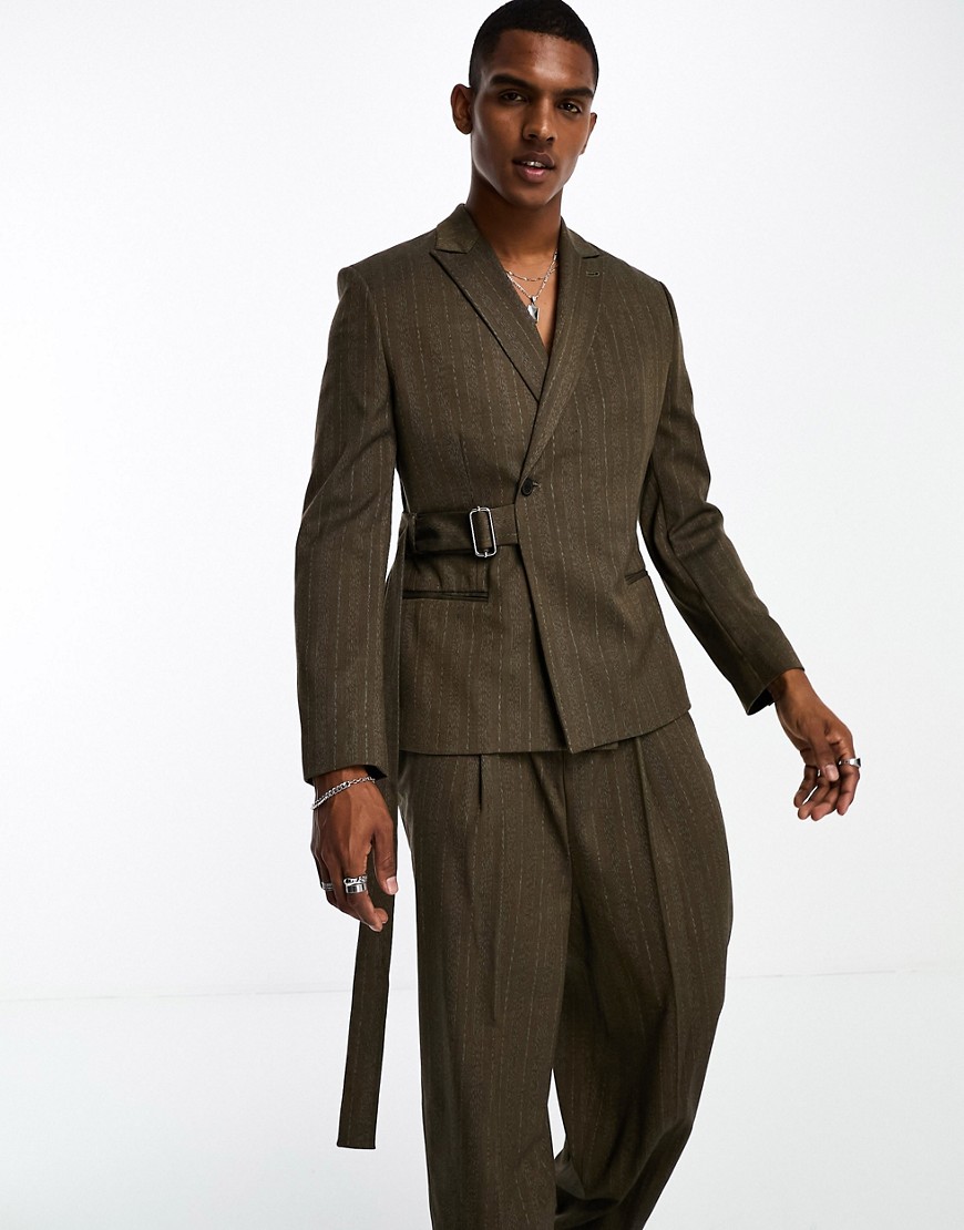 ASOS DESIGN slim suit jacket in tonal stripe with belt detail-Brown