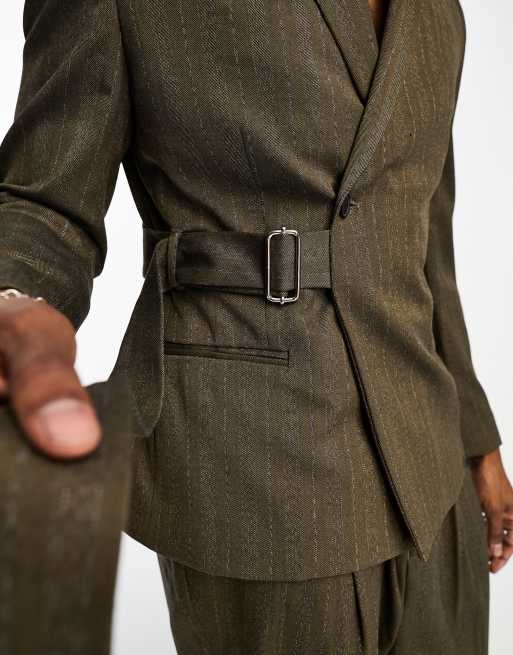 ASOS DESIGN slim suit jacket in tonal stripe with belt detail 
