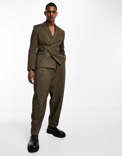 ASOS DESIGN slim suit jacket in tonal stripe with belt detail 