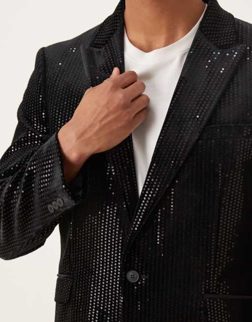 ASOS DESIGN slim suit jacket in velvet sequin in black