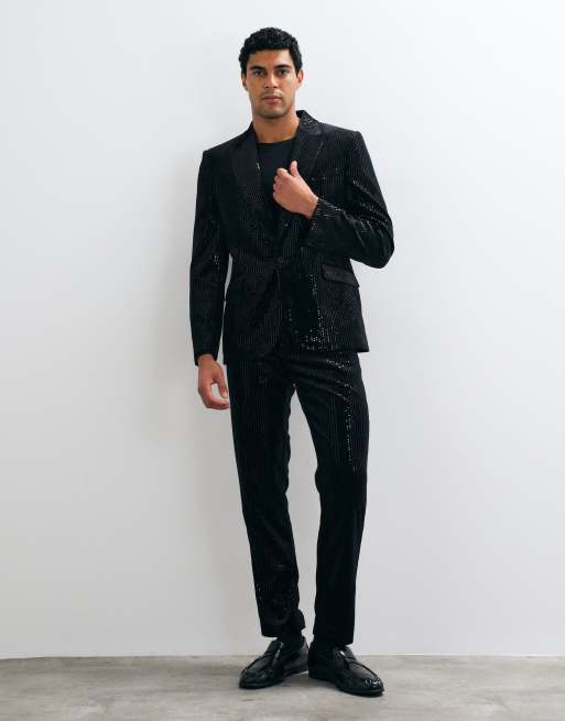 ASOS DESIGN slim suit jacket in velvet sequin in black, 2 of 5